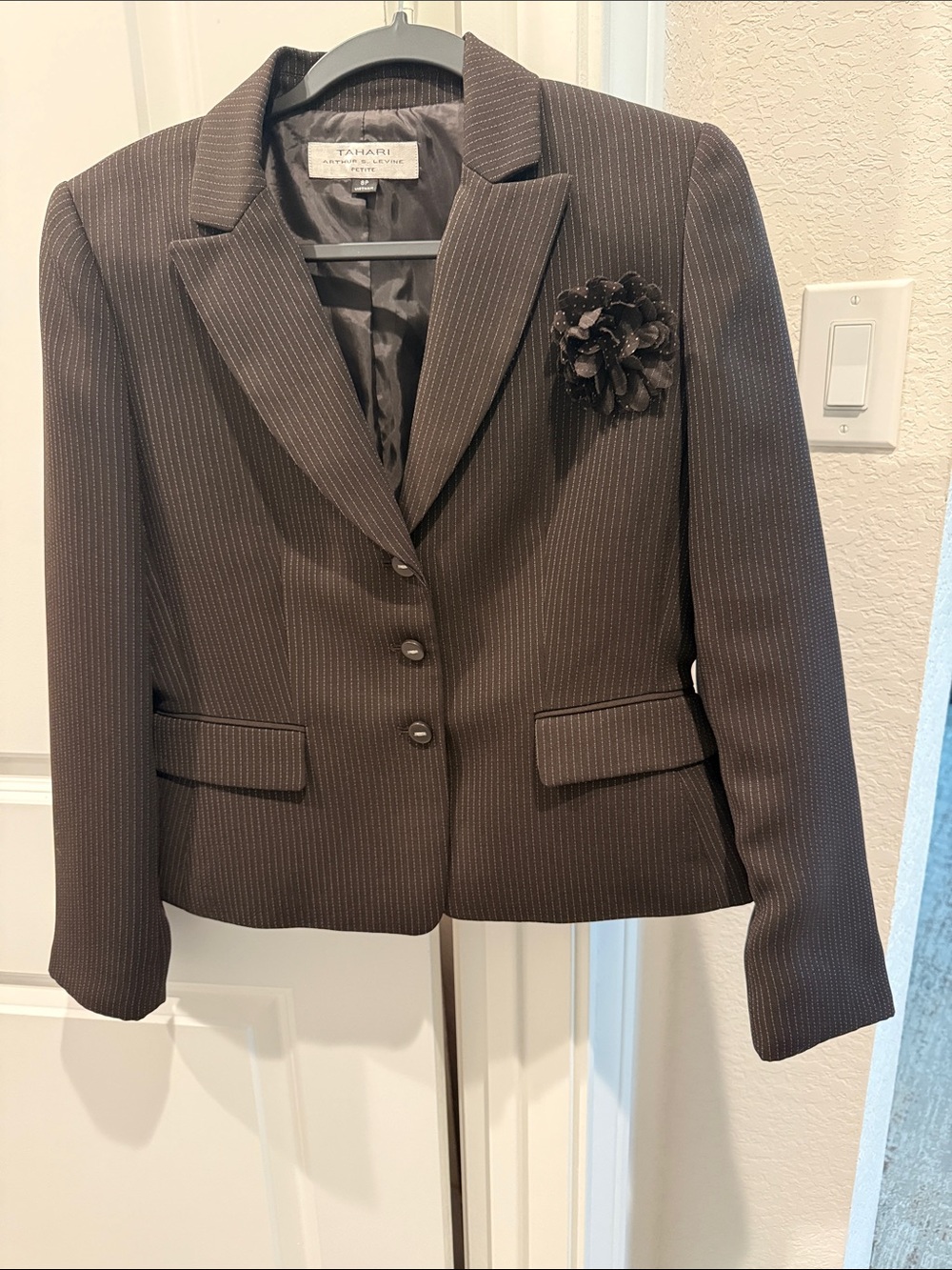 Tahari Brown Pinstripe Blazer with Floral Corsage